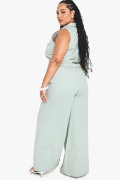 boohoo Pantalon grande taille en popeline à jambe large, avec taille à cordon de serrage<Femme Pantalons