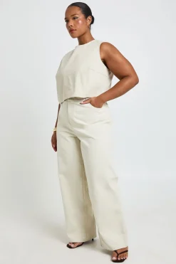 Pantalon Grande Taille En Sergé À Taille Ajustable Et Jambe Droite