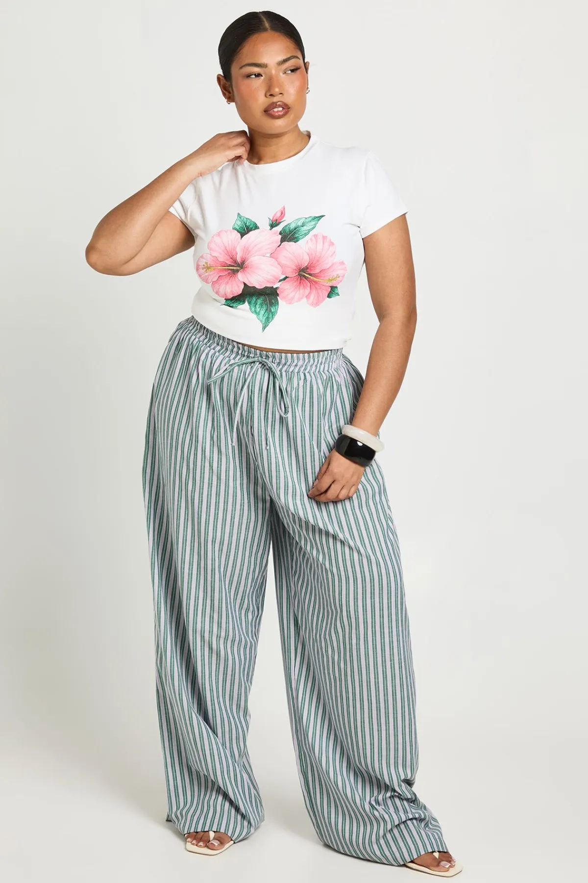 boohoo Pantalon Grande Taille À Jambes Larges Avec Taille Élastiquée Et Rayures Tissées<Femme Pantalons