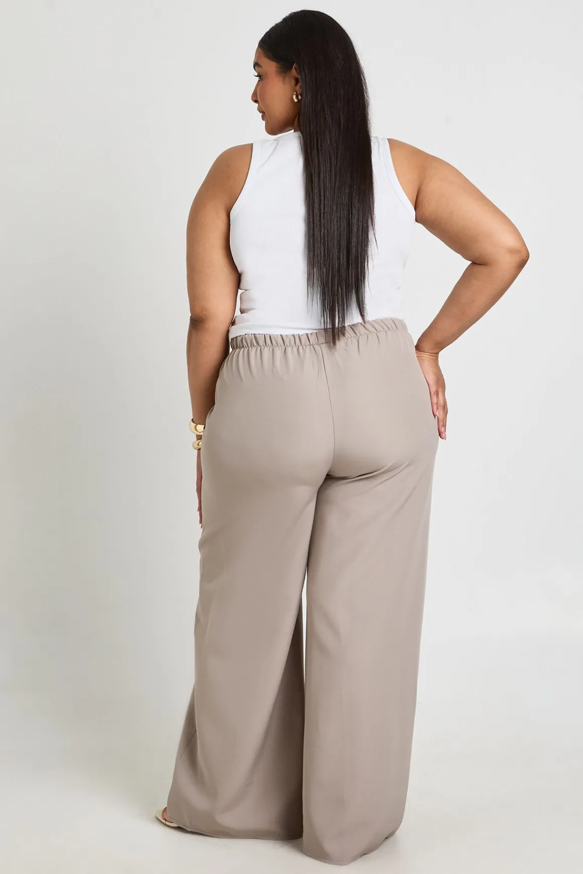 Pantalon Grande Taille À Jambes Larges Avec Taille Élastiquée Et Cordon De Serrage Tissé