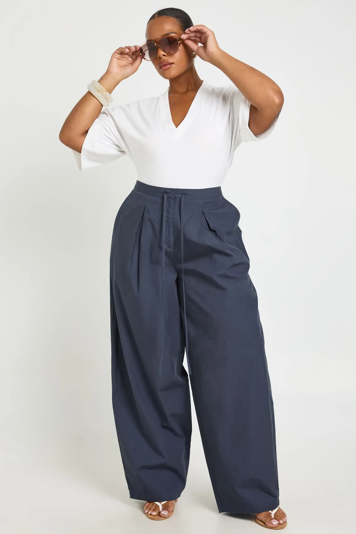 Pantalon Grande Taille À Jambe Tonneau En Popeline