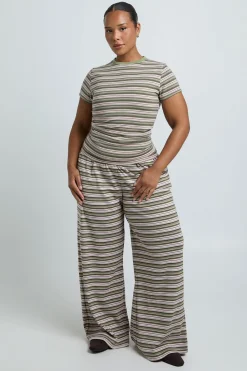 boohoo Pantalon Grande Taille À Jambe Droite En Maille Côtelée Rayée<Femme Pantalons