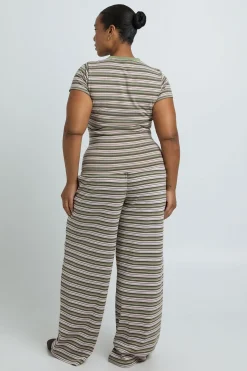 boohoo Pantalon Grande Taille À Jambe Droite En Maille Côtelée Rayée<Femme Pantalons