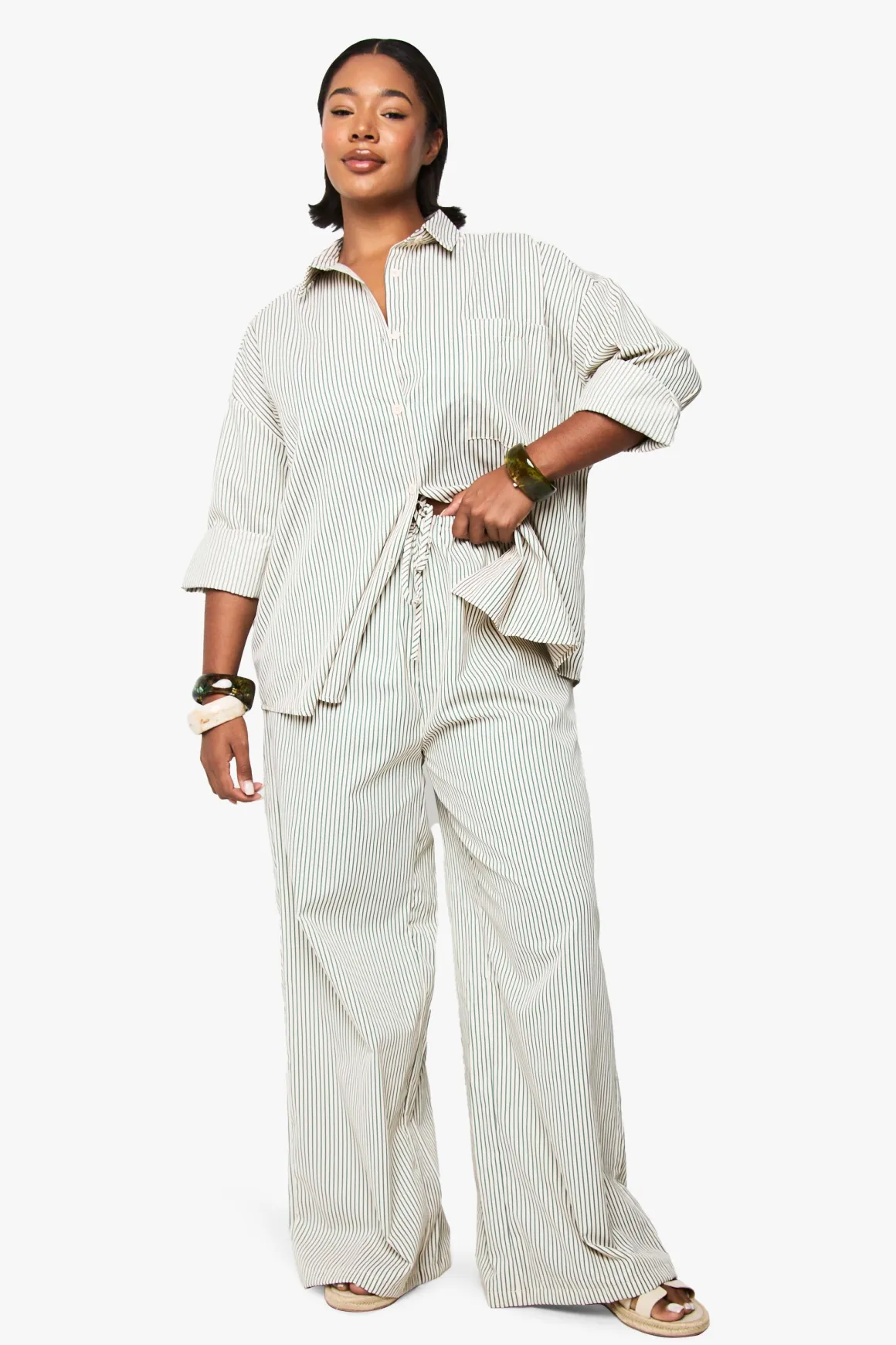 Pantalon grande taille à rayures tissées, élastiqué et à jambes larges