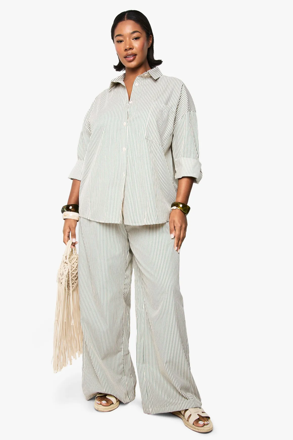 Pantalon grande taille à rayures tissées, élastiqué et à jambes larges