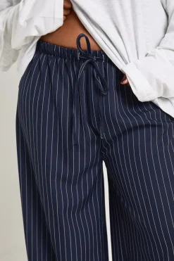 Pantalon Grande Taille à Rayures Tissées Taille Élastique avec Cordon Jambes Larges