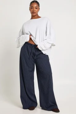 Pantalon Grande Taille à Rayures Tissées Taille Élastique avec Cordon Jambes Larges