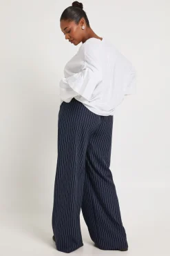 Pantalon Grande Taille à Rayures Tissées Taille Élastique avec Cordon Jambes Larges