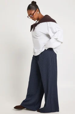 Pantalon Grande Taille à Rayures Tissées Taille Élastique avec Cordon Jambes Larges