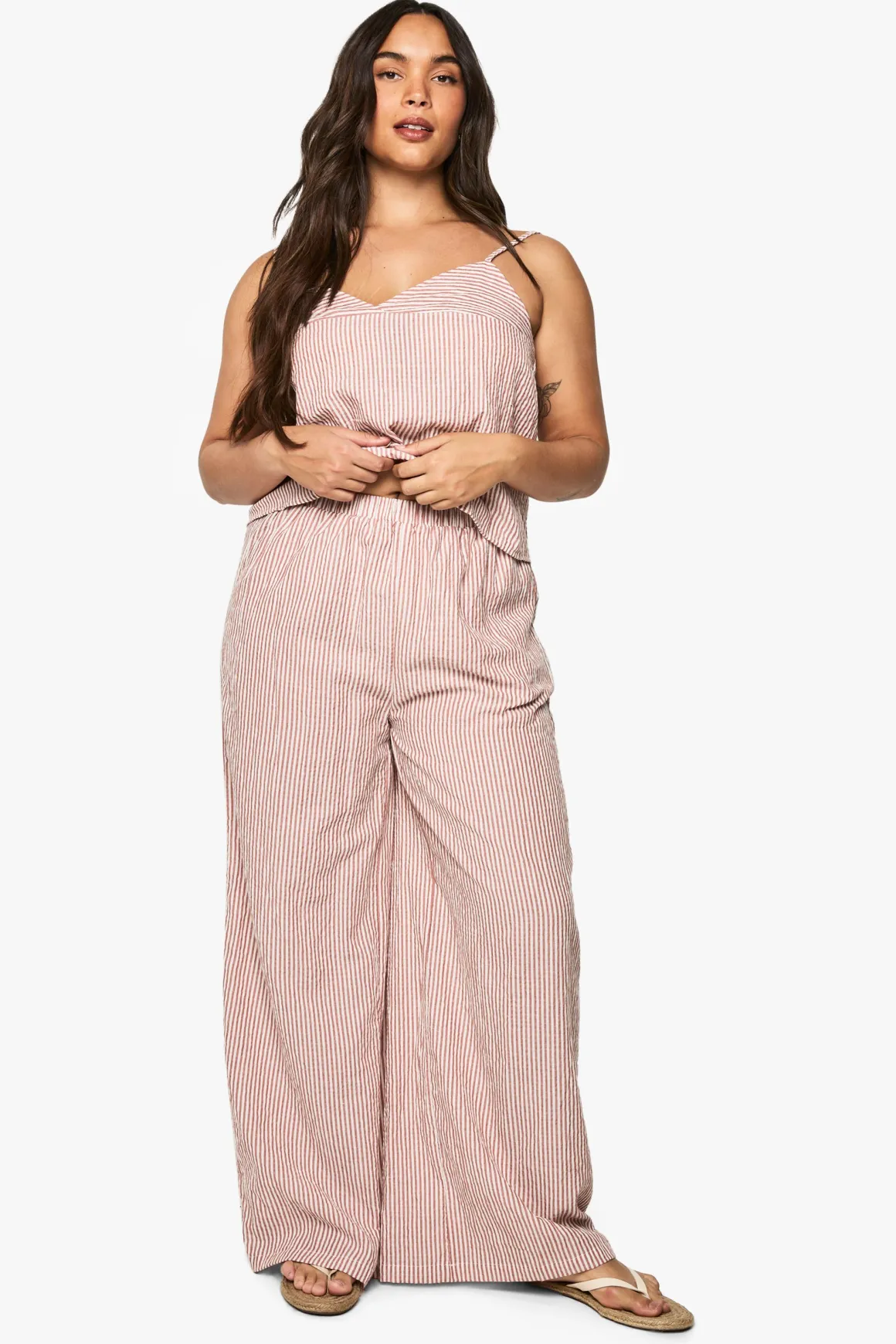 Pantalon grande taille à rayures tissées, taille élastiquée et jambes larges