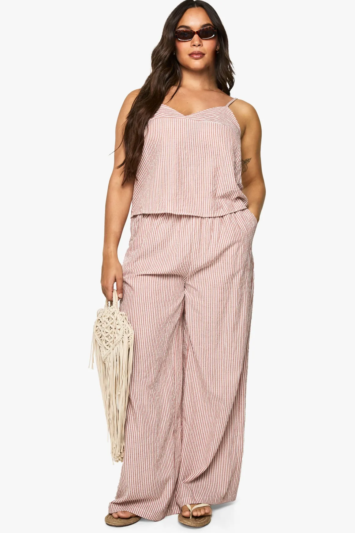 Pantalon grande taille à rayures tissées, taille élastiquée et jambes larges