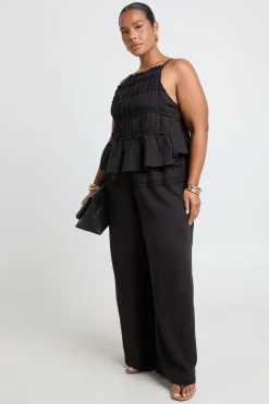 Pantalon Grande Taille À Taille Froncée Et Volant Jambe Large
