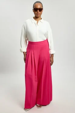 Pantalon Grande Taille Tailleur Structuré Crêpe Plissé Jambe Large