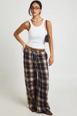 Pantalon à imprimé à carreaux, taille à cordon et jambes larges
