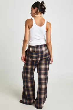 Pantalon à imprimé à carreaux, taille à cordon et jambes larges