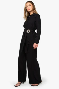 Pantalon à jambe large en crêpe froissée avec bordure dorée
