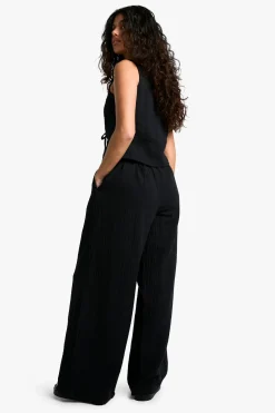 Pantalon à jambe large en étamine avec taille élastiquée