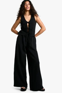 Pantalon à jambe large en étamine avec taille élastiquée