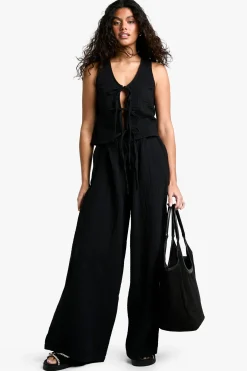 Pantalon à jambe large en étamine avec taille élastiquée