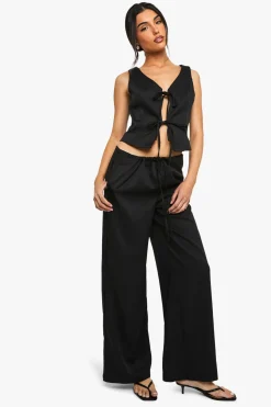 Pantalon à jambes larges effet lin avec taille nouée