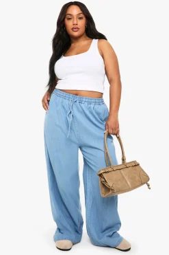 boohoo Pantalon à jambes larges en chambray avec cordon de serrage<Femme Pantalons
