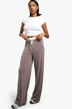 boohoo Pantalon à jambes larges en jersey effet pêche à taille exposée<Femme Pantalons