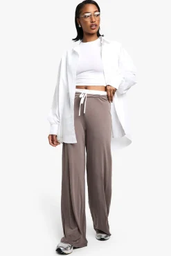 boohoo Pantalon à jambes larges en jersey effet pêche à taille exposée<Femme Pantalons