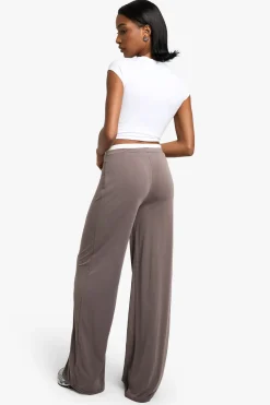 boohoo Pantalon à jambes larges en jersey effet pêche à taille exposée<Femme Pantalons