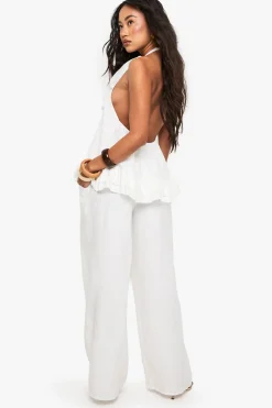 Pantalon à jambes larges en tissu tissé à effet froissé avec détail de couture