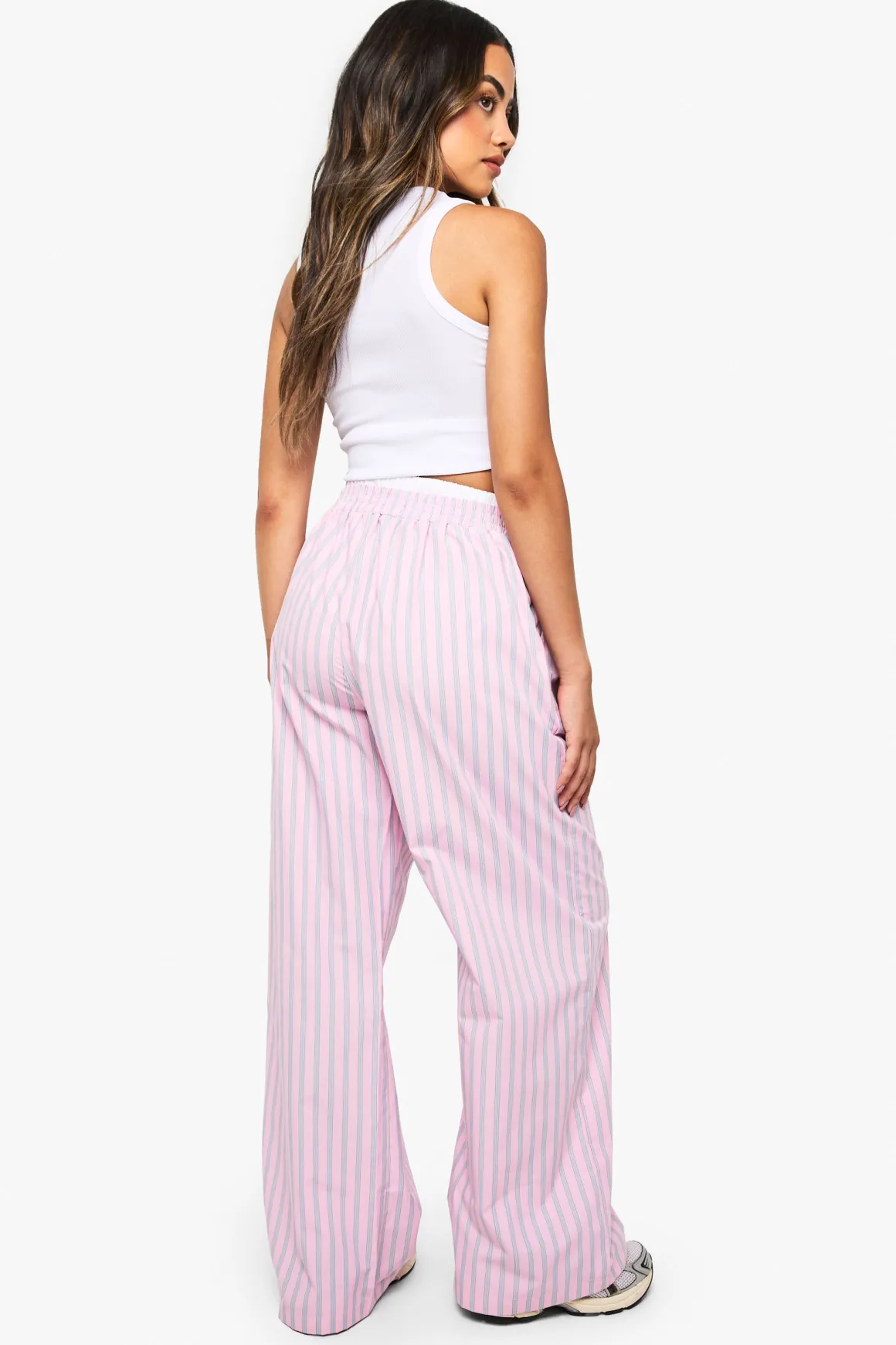 Pantalon à jambes larges à taille contrastante et rayures