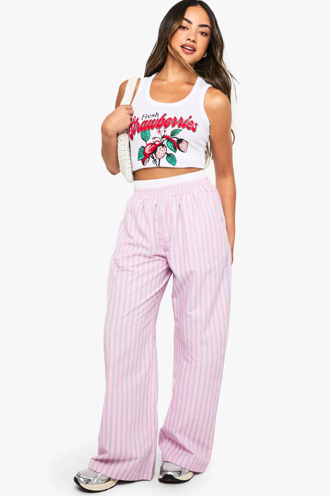 Pantalon à jambes larges à taille contrastante et rayures