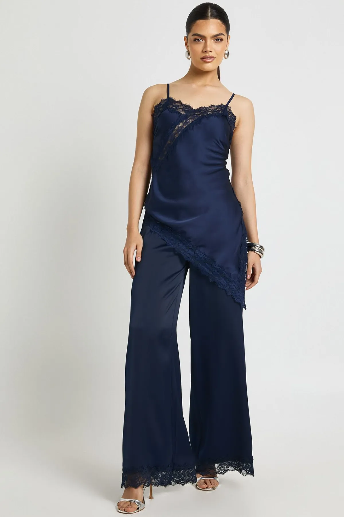 boohoo Pantalon Large à Bordure en Dentelle Satinée<Femme Pantalons|Satin Et Dentelle