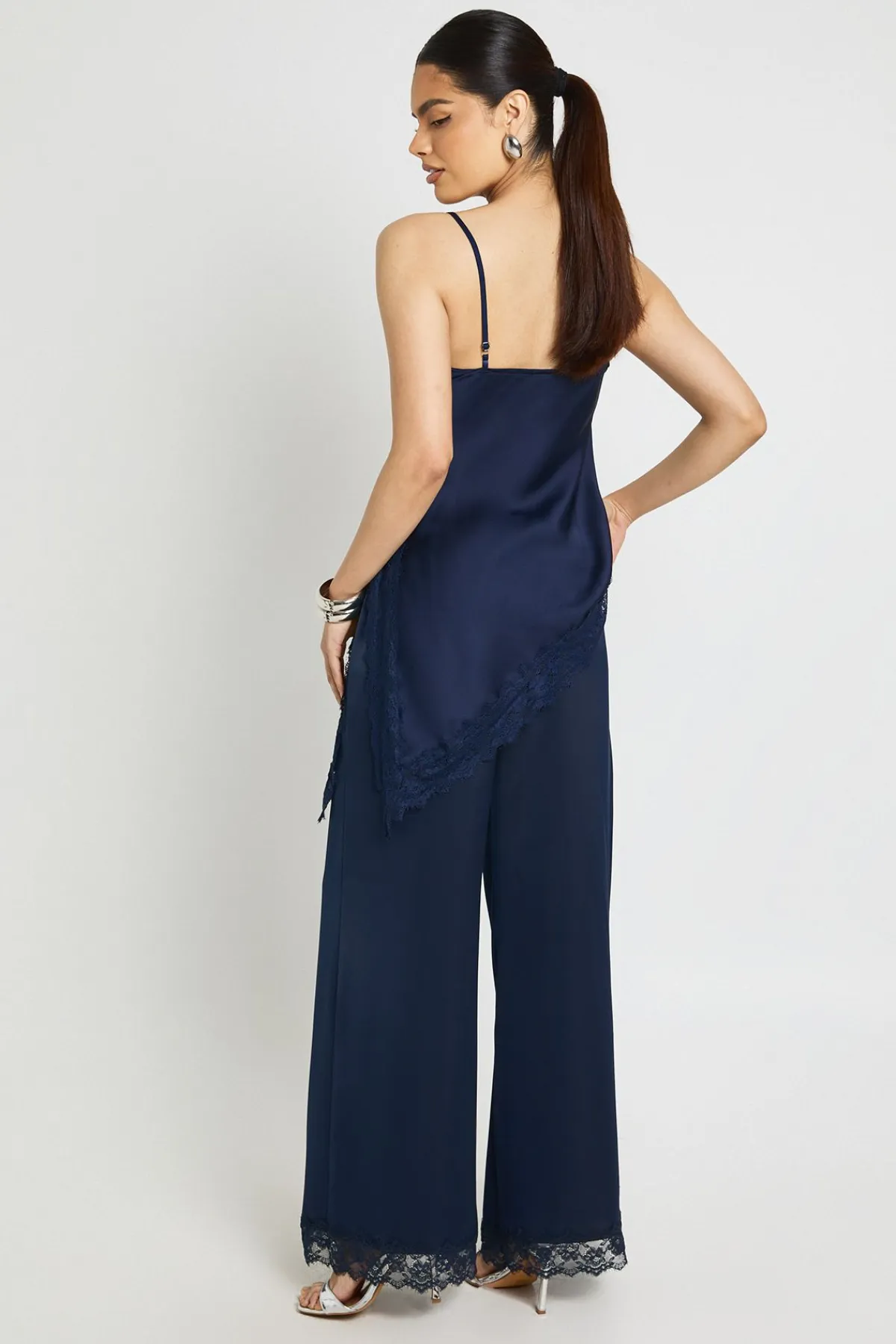 boohoo Pantalon Large à Bordure en Dentelle Satinée<Femme Pantalons|Satin Et Dentelle