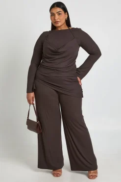 boohoo Pantalon Large À Double Épaisseur En Maille Côtelée Grande Taille<Femme Pantalons|Looks Chocolat