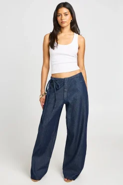 Pantalon Large En Chambray Avec Détail Nœud