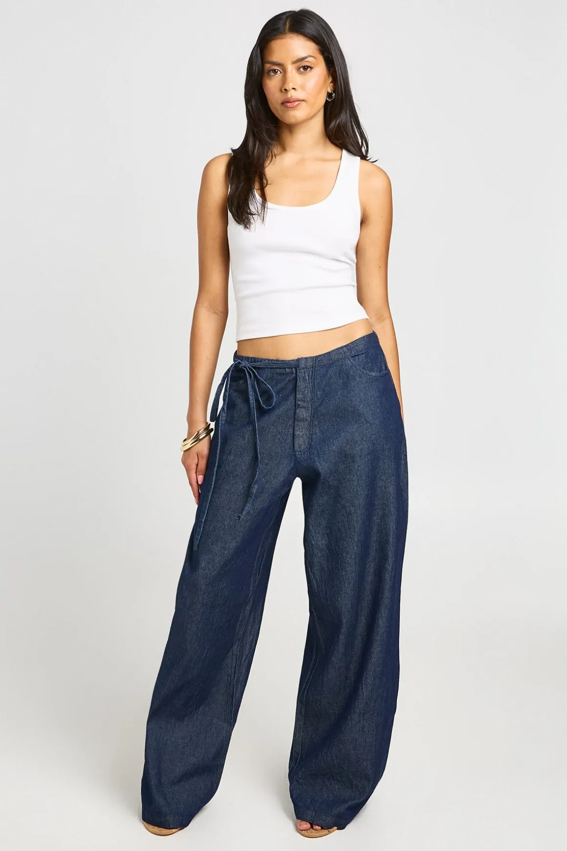 Pantalon Large En Chambray Avec Détail Nœud