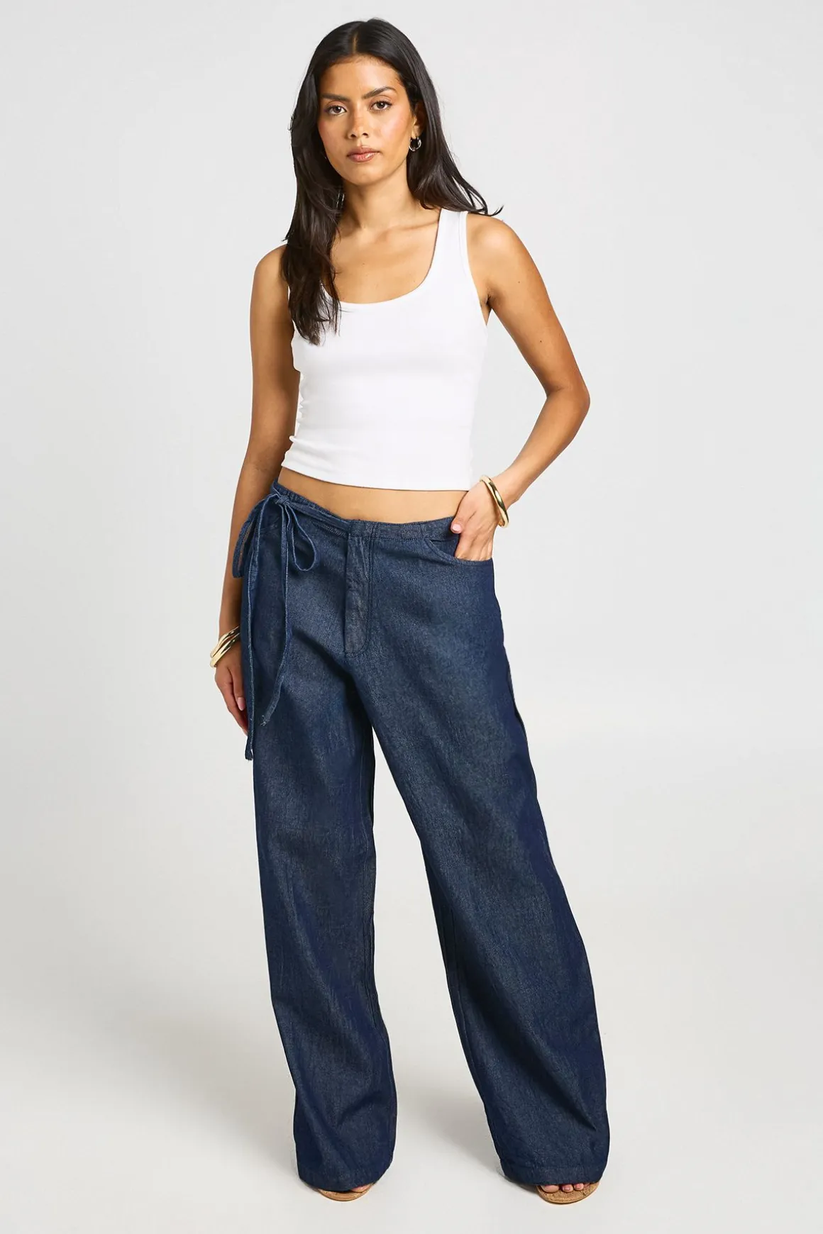 Pantalon Large En Chambray Avec Détail Nœud
