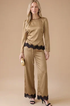 Pantalon Large En Crêpe Satiné Avec Poignets En Dentelle