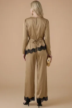 Pantalon Large En Crêpe Satiné Avec Poignets En Dentelle