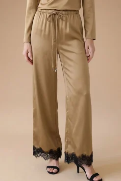 Pantalon Large En Crêpe Satiné Avec Poignets En Dentelle