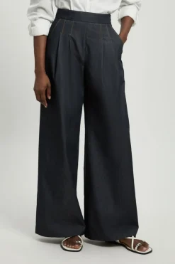 Pantalon Large En Denim Ajusté Avec Détails De Plis