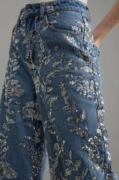 Pantalon large en denim à sequins floraux intégral