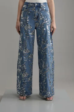 Pantalon large en denim à sequins floraux intégral