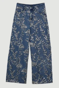 Pantalon large en denim à sequins floraux intégral