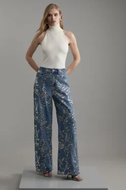 Pantalon large en denim à sequins floraux intégral