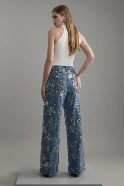 Pantalon large en denim à sequins floraux intégral