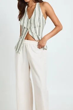 Pantalon Large En Lin À Revers