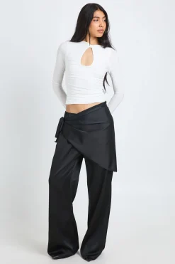 Pantalon Large En Satin À Taille Haute Avec Ceinture Nouée