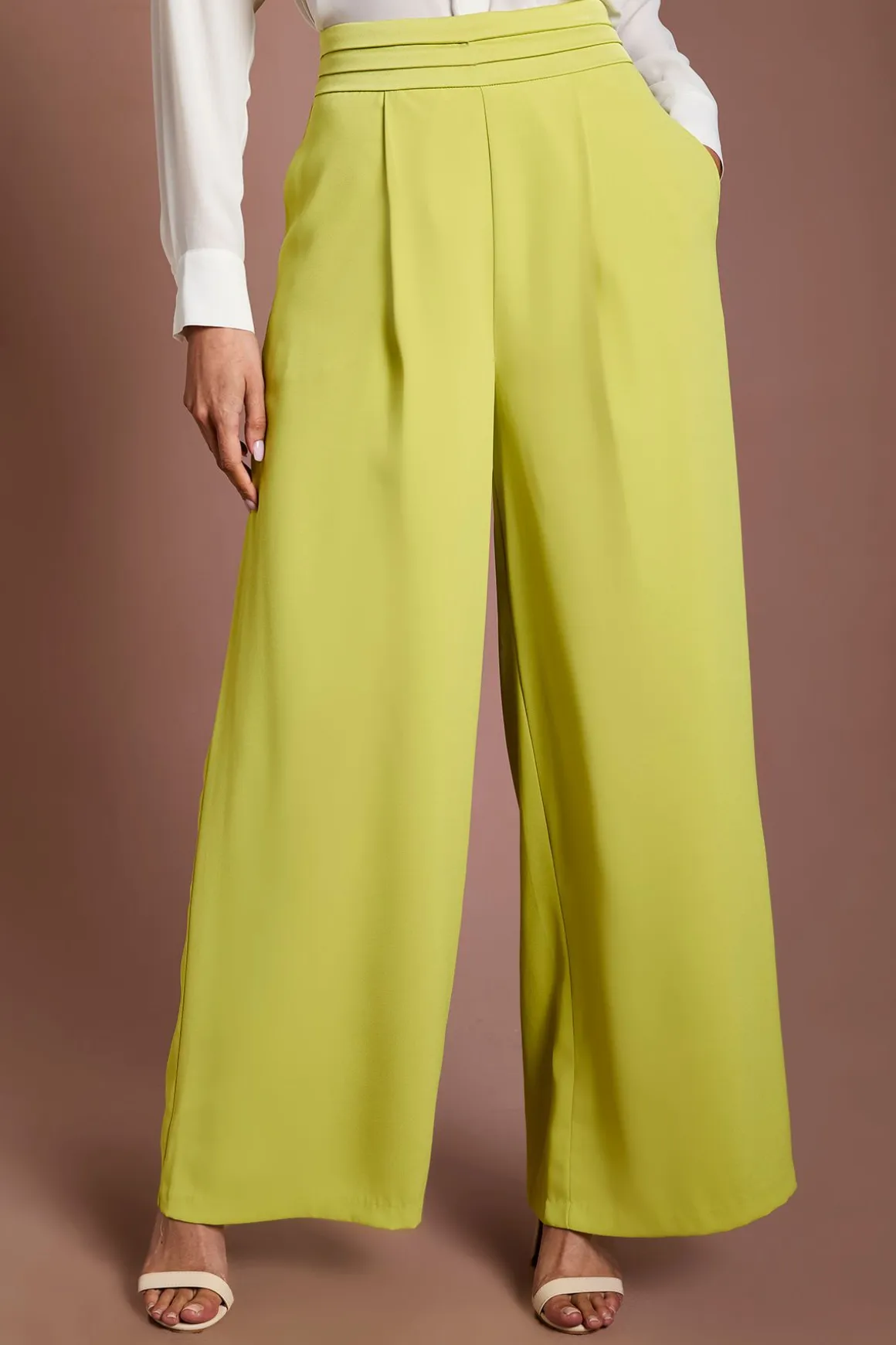 Pantalon Large En Satin À Taille Plissée