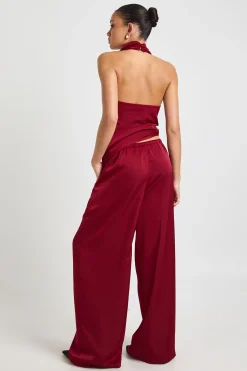 Pantalon Large en Satin à Taille Coulissée
